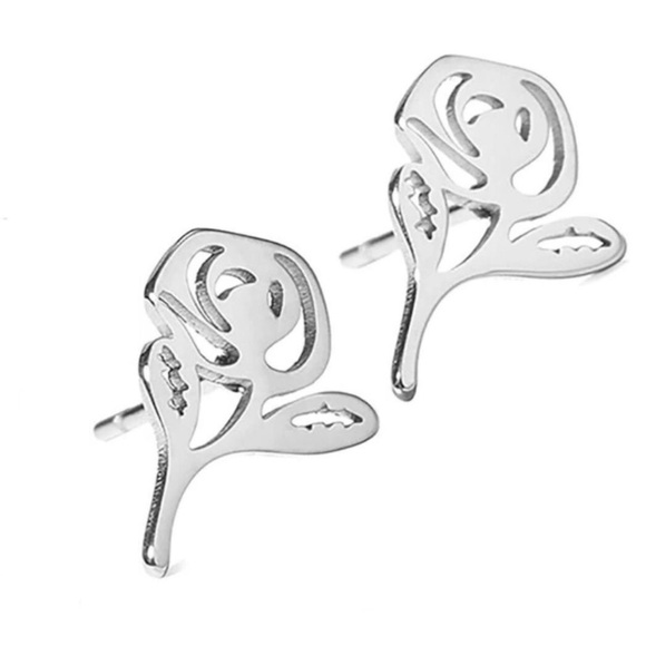 “Beauty Beast” Enchanted Rose Disney Lasercut Cut-Out Outline Floral Silver Stud - Picture 7 of 8